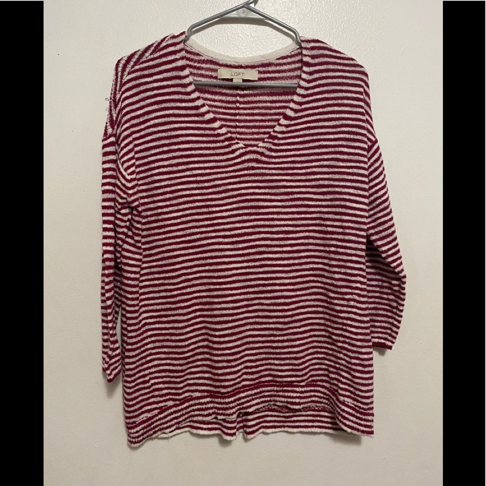 LOFT Burgundy & White Striped Terry Knit Sweater – Size M